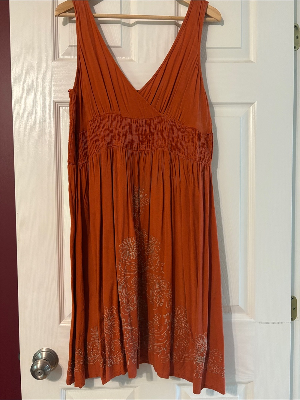 le chateau Rust Orange V-Neck Embroidered Midi Dress